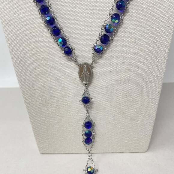 Vintage Aurora Borealis Beaded Rosary Necklace Blue Glass Long Christianity - Picture 4 of 14